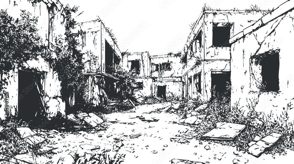 Fototapeta premium Black and white sketch of abandoned, dilapidated buildings overgrown with vegetation and debris