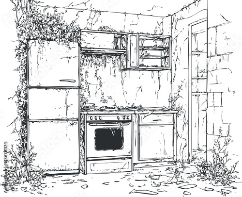 Abandoned and decayed kitchen interior with broken appliances and overgrown plants in dilapidated condition