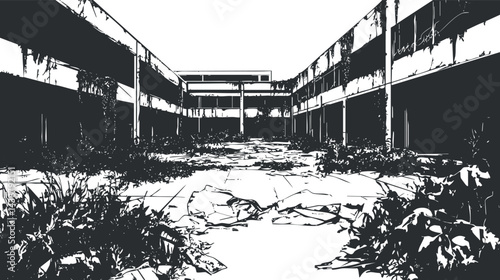 Black and white illustration of an abandoned urban building with overgrown weeds and cracked concrete