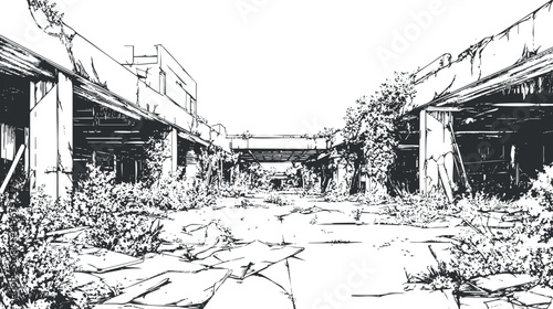 Black and white illustration of an abandoned urban building with overgrown vegetation and cracked concrete floor