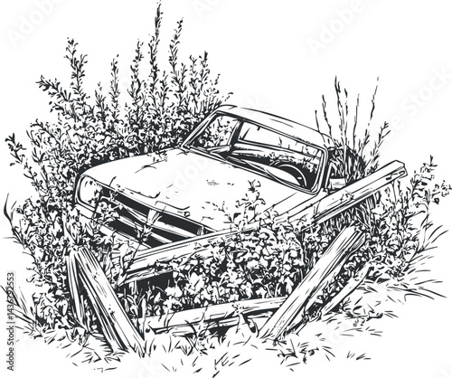 Illustration of an old abandoned car partially covered by overgrown bushes and broken wooden fence outdoors