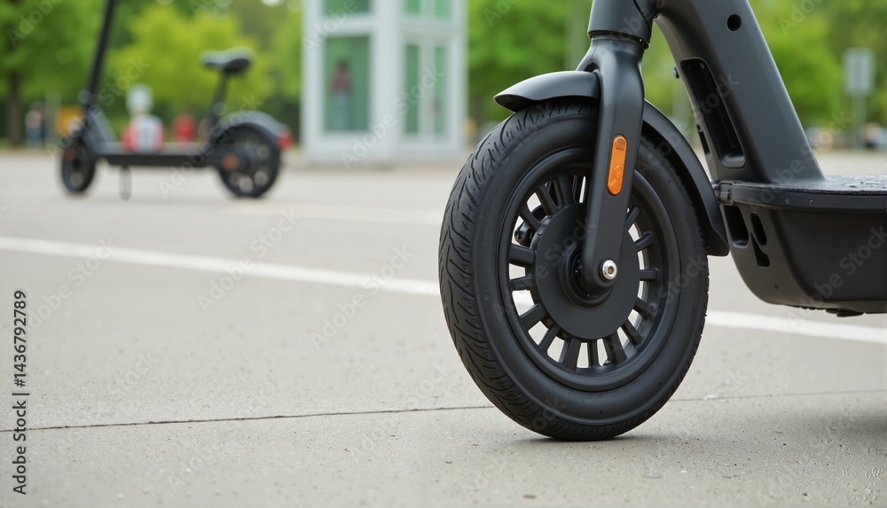 Obraz premium Close-up of a black electric scooter wheel on smooth asphalt surface with a blurred background of another scooter, urban mobility concept of transportation and eco-friendly commuting