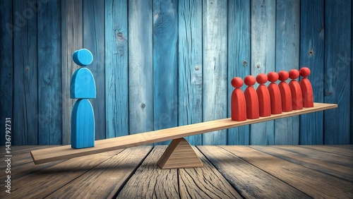 Balancing Act: Conceptual visual representation of one against many on a wooden see-saw, showcasing concepts of strength in unity or imbalance of power.