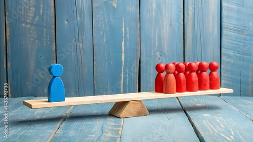 The Imbalance: An image illustrating a person vs a group, a blue figure against a red group on a wooden plank scale, set against a bright blue background.