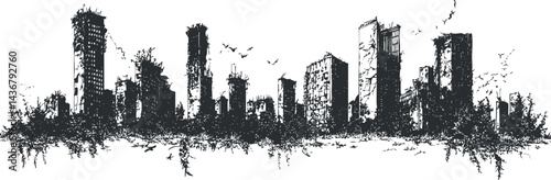 Black and white silhouette illustration of a modern city skyline with tall buildings and birds flying
