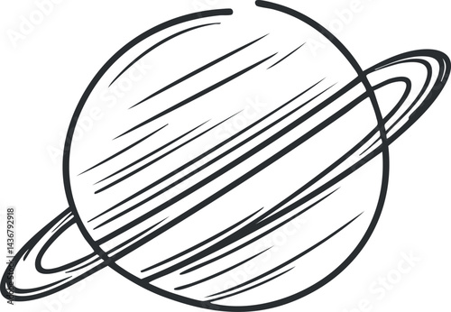 Black and white line drawing of a planet with rings representing a celestial body in space