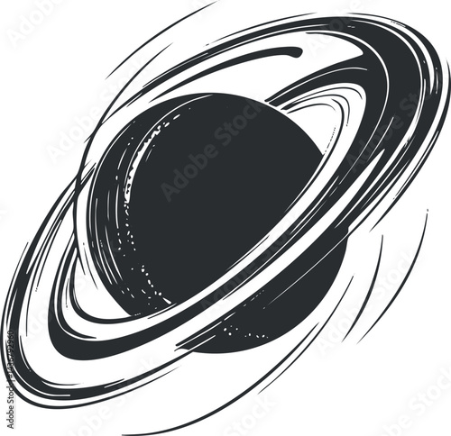 Black and white illustration of a ringed planet resembling Saturn in outer space