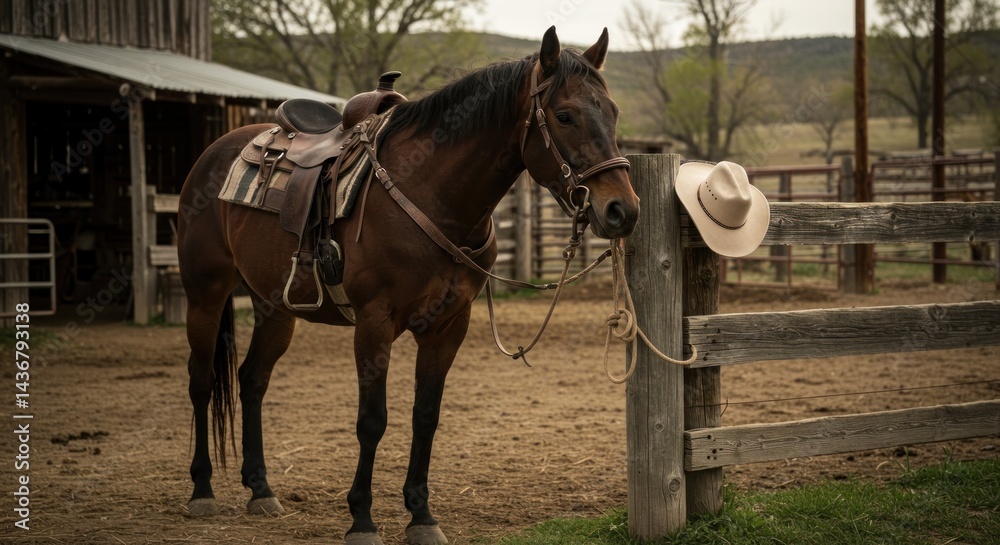 Fototapeta premium Horse with Saddle at Ranch. Photo