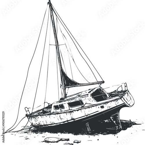 Black and white sketch of a sailboat stranded on shore with mast and rigging details
