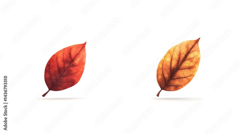 Fototapeta premium Two Autumn Leaves in Red and Brown on White Background