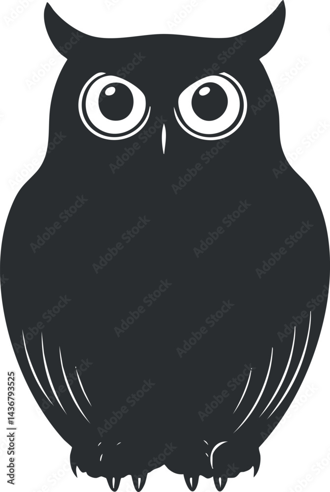 Black silhouette of an owl with large eyes and detailed feathers on a white background Black silhouette of an owl with large eyes and detailed feathers on a white background