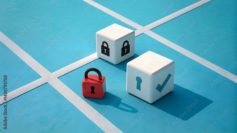 Obraz premium Security Concept: A symbolic representation of security, featuring three cubes, one with a red padlock, another showcasing a lock icon, and a third highlighting a keyhole with a checkmark.