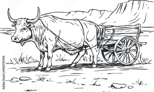 Black and white sketch of an ox pulling a wooden cart in a rural landscape with mountains in background