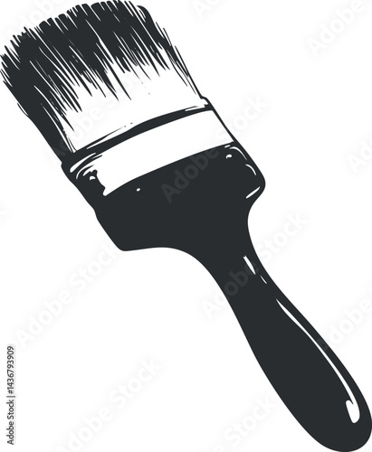 Black and white illustration of a paintbrush with bristles and handle isolated on white background