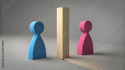 Separation and Division: Two wooden figures, one blue and one pink, stand separated by a wooden barrier, symbolizing division, conflict, or distance.