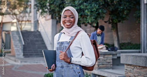 Canvas Print College, campus and portrait of Muslim girl with smile, backpack or confidence for education