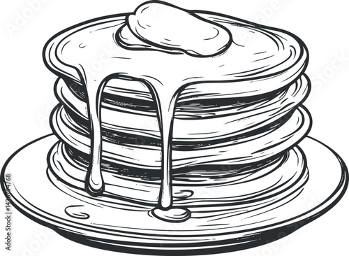 Stack of pancakes with melting butter and syrup dripping on a plate for breakfast food illustration