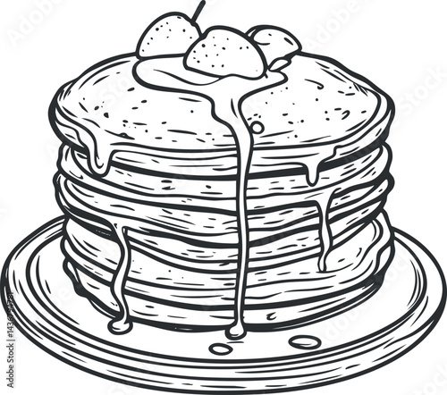Stack of pancakes with syrup and butter topped with fruit on a round plate illustration