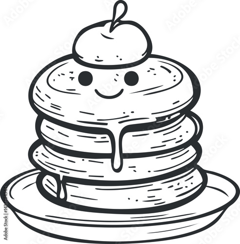 Cute stack of pancakes with a smiling face topped with whipped cream and a berry on a plate