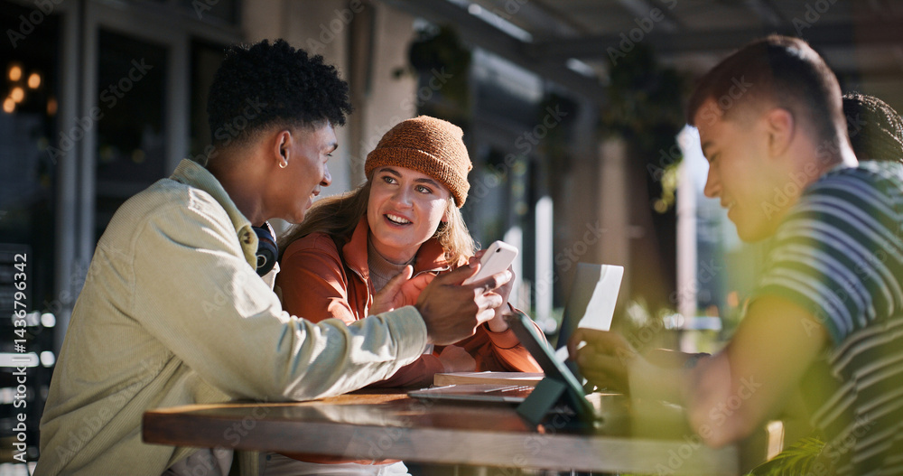 Education, phone and tablet with student friends on campus together for development or learning. College, conversation or university with man and woman study group at school together for growth