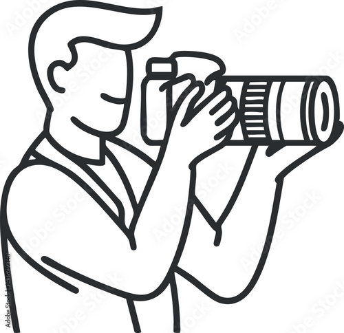 Line drawing of a photographer holding a camera with a large lens, taking a photo