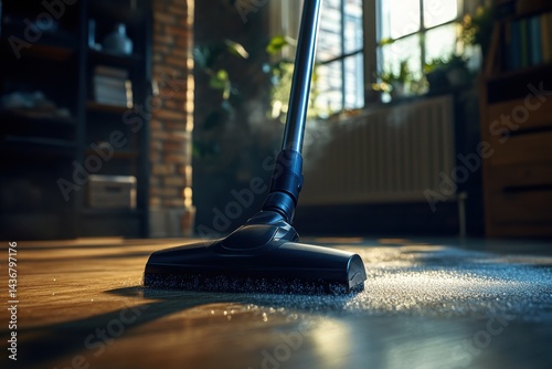 Wallpaper Mural Close-up of a vacuum cleaner nozzle on hardwood floor, sunlight streaming through window, creating a warm atmosphere. Torontodigital.ca
