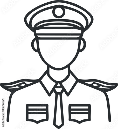 Line art illustration of a pilot wearing a uniform and hat with wings on shoulders representing aviation profession