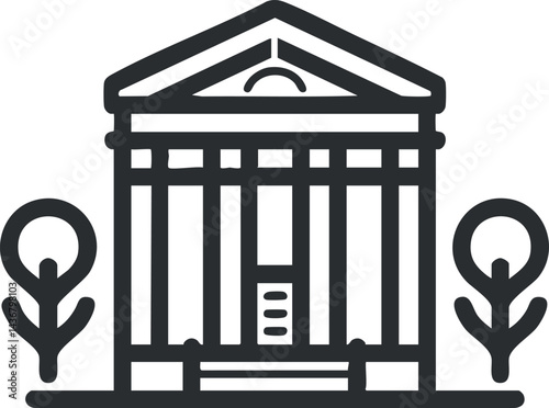 Black and white line art of a classical government or courthouse building with columns and two trees