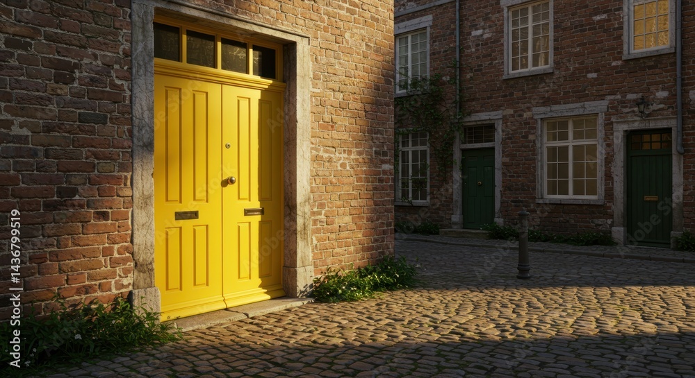 Yellow Door on Brick Building - Photo Yellow Door on Brick Building - Photo