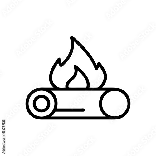 Firewood icon with flame in outline style for camping, outdoor, and warmth concept