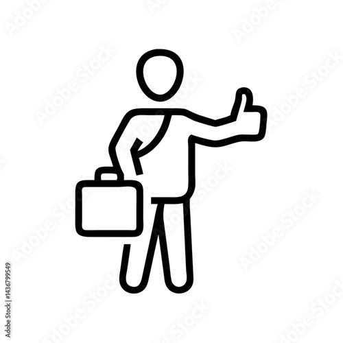 Hitchhiker icon with thumb up and briefcase in outline style for travel, adventure, and exploration concept