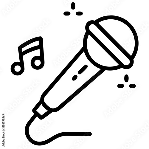 Karaoke microphone icon with music notes in outline style for entertainment, performance, and music concept