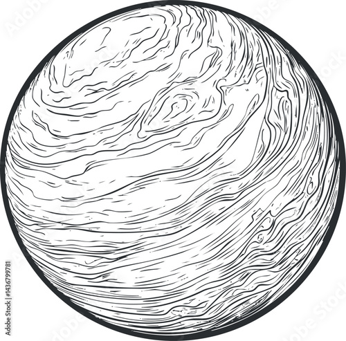 Detailed black and white line art illustration of the planet Venus showing surface texture and planetary features.