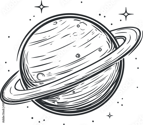 Black and white line art sketch of a ringed planet in space surrounded by stars and cosmic elements