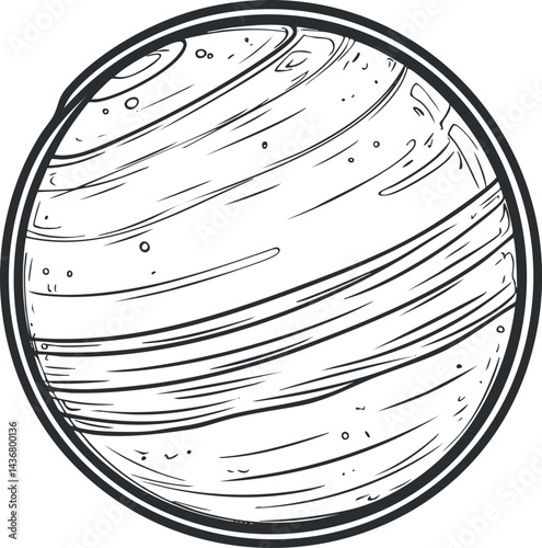 Black and white line art illustration of a planet with surface details and texture in a circular shape.