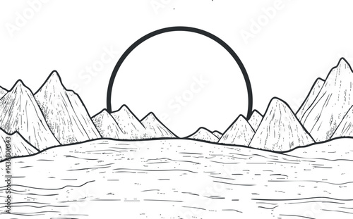 Black and white line art illustration of a mountainous landscape with the sun rising or setting over the horizon.