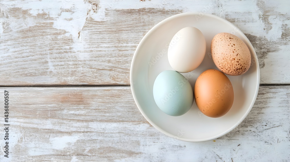 Fresh Round White Eggs on a Plate in Natural Setting Fresh Round White Eggs on a Plate in Natural Setting