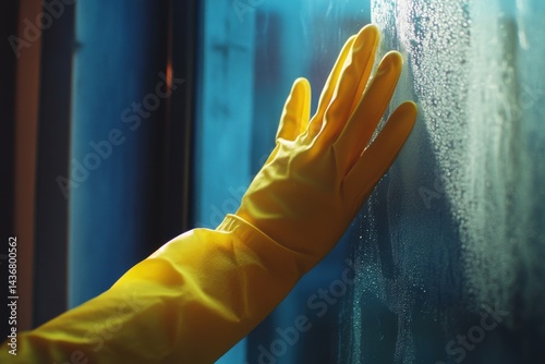 A close-up of a hand in a yellow rubber glove touching a fogged window, creating a serene and clean mood.