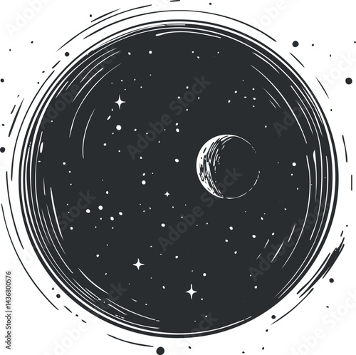 Black and white illustration of the moon and stars inside a circular space scene with cosmic details.