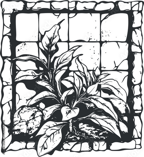 Black and white line art illustration of a leafy plant framed by a decorative stone border.