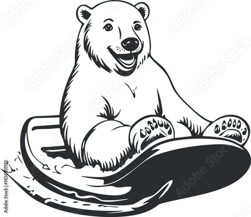 Illustration of a happy polar bear sledding down a snowy slope, playful winter activity