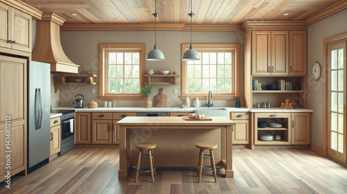 A well lit kitchen with wooden cabinets island and hardwood floors showcasing a homey and inviting space created with generative ai