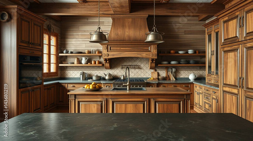 A rustic kitchen interior featuring wooden cabinets and a central island with a dark countertop view created with generative ai