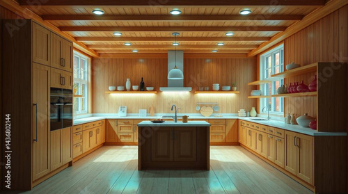 A spacious kitchen with wooden cabinets, a central island, and ample natural and artificial lighting created with generative ai