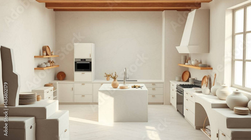 A bright kitchen with white cabinets and island and wooden beams on the ceiling is visible here created with generative ai