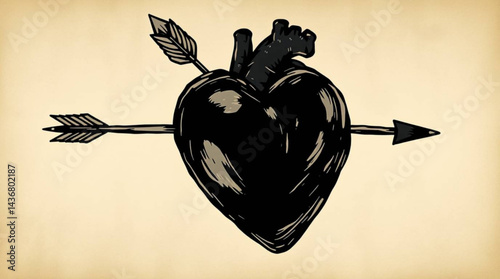 Illustration of a black heart pierced by an arrow on a beige background in a vintage style drawing created with generative ai