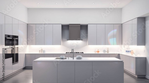 A modern kitchen with a central island and sleek gray cabinets under bright recessed lighting design style created with generative ai