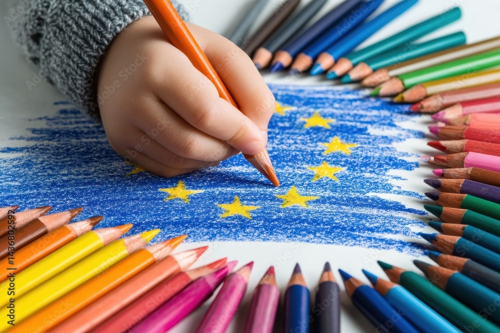 Child creates a colorful representation of the European Union flag using colored pencils