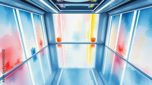 A futuristic hallway with reflective floor and colorful windows on the sides and at the end wall created with generative ai