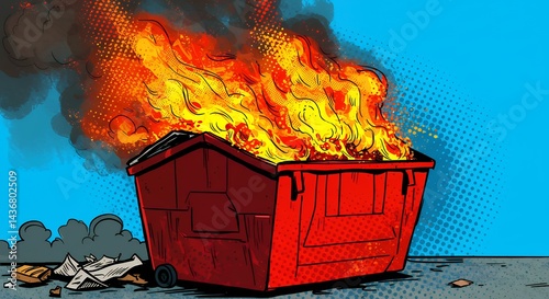 Burning dumpster graphic illustration